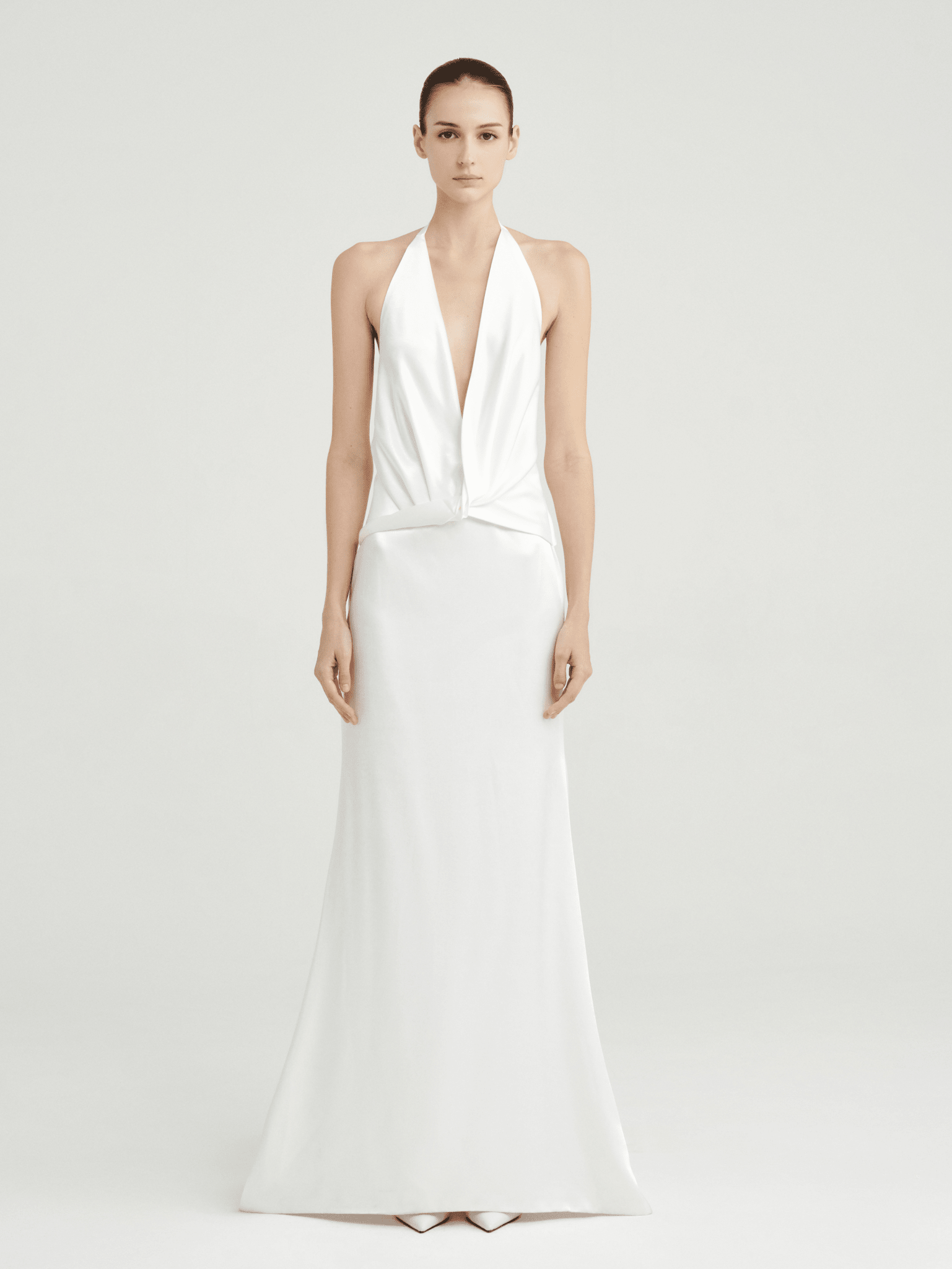 Draped Backless Satin Gown with Detachable Mesh Drape Draped Backless Satin Gown with Detachable Mesh Drape