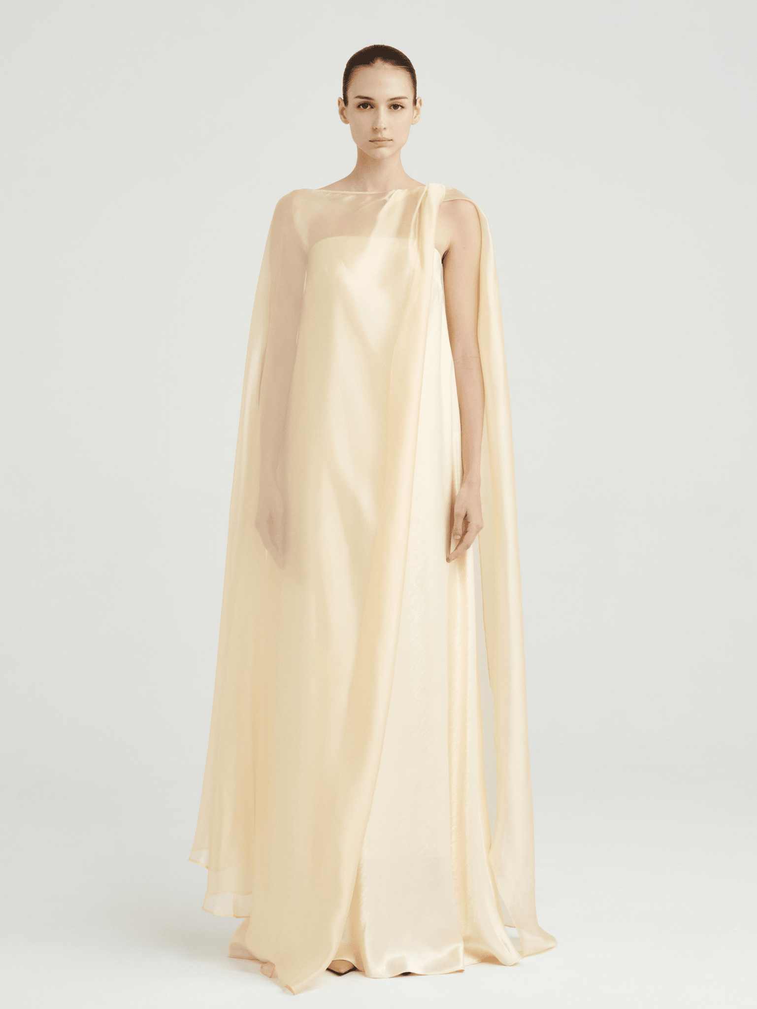 Strapless Satin Maxi Dress with Sheer Cape Overlay – COCOSIN.OFFICIAL