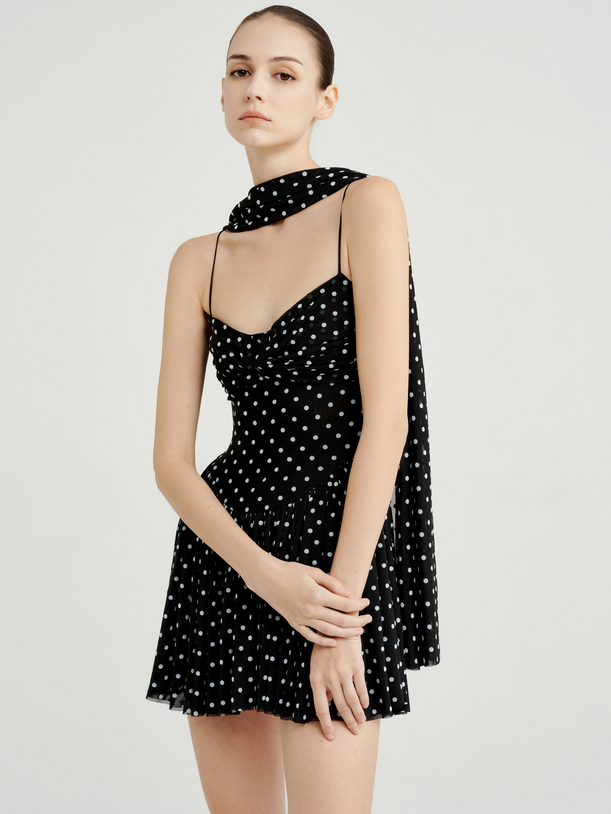 polka dot ruched mini dress Polka Dot Mesh Ruched Mini Dress for Effortless Elegance – COCOSIN.OFFICIAL