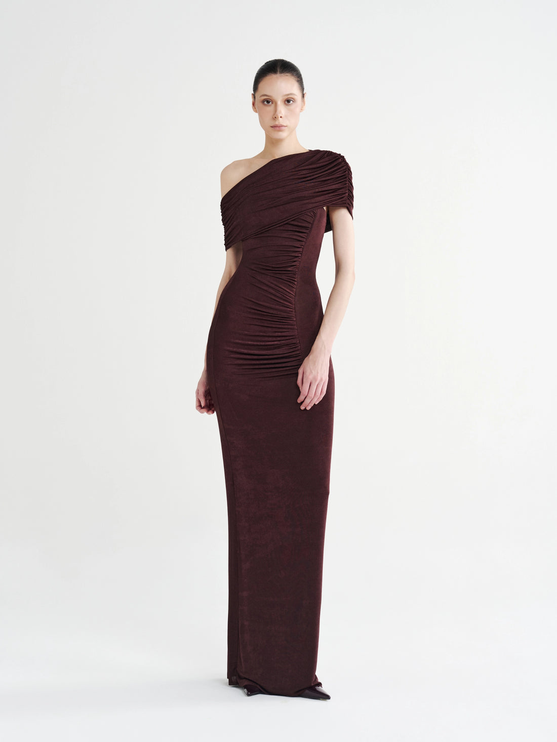 Brown Contour Ruched Off-Shoulder Column Dress, front view