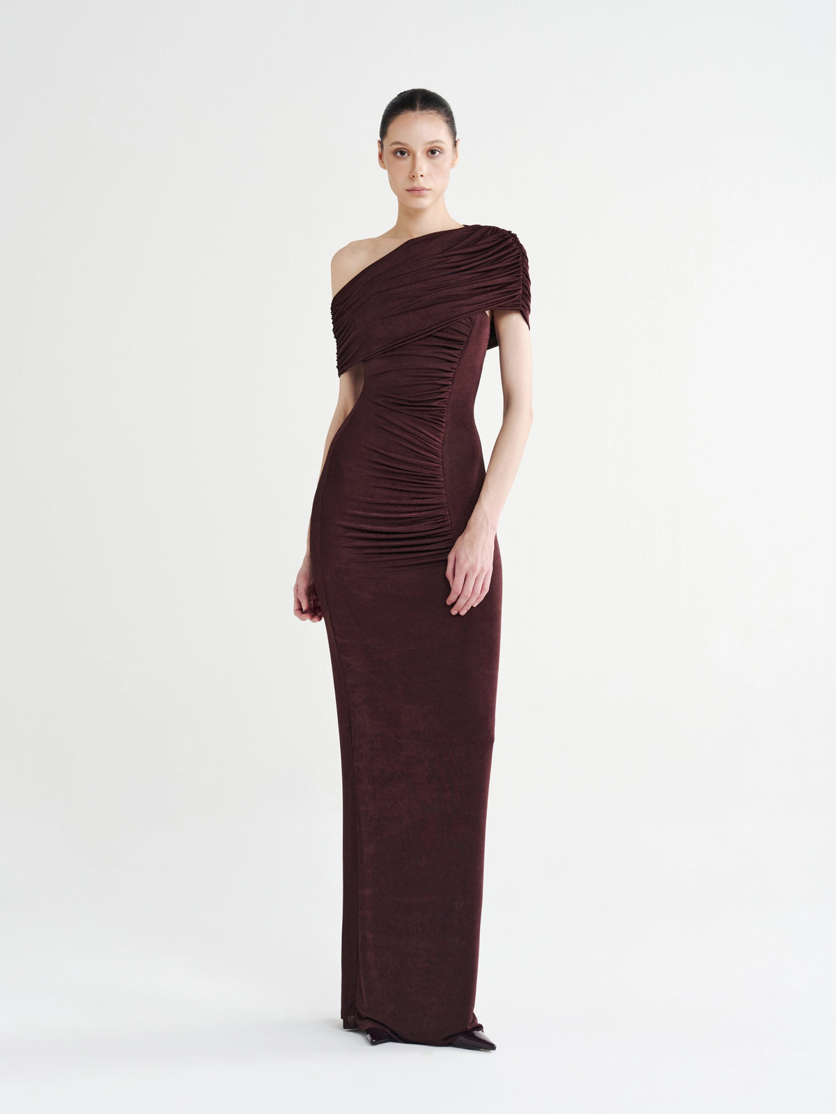 Brown Contour Ruched Off-Shoulder Column Dress, front view