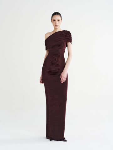 Brown Contour Ruched Off-Shoulder Column Dress, front view