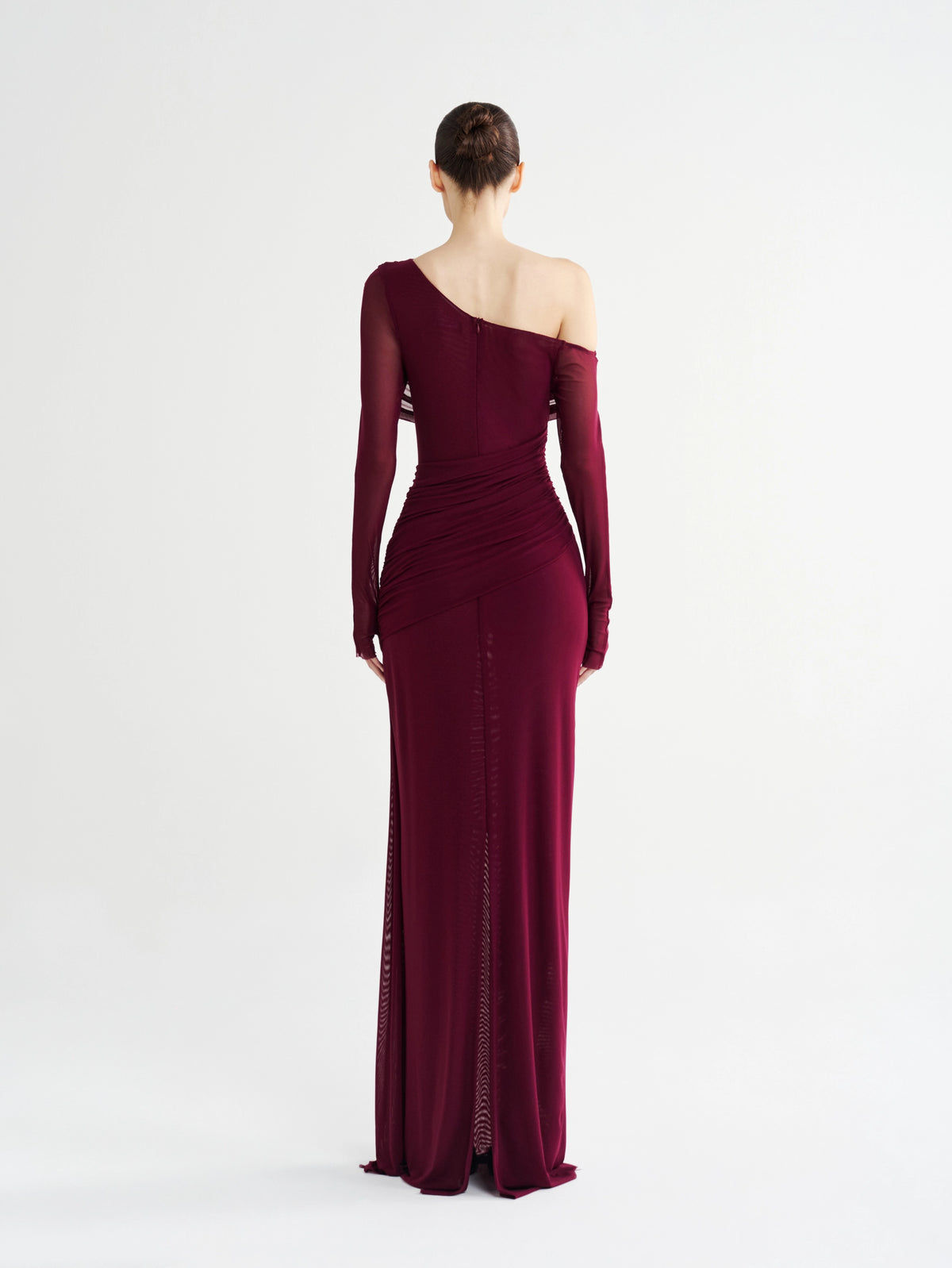 Burgundy Ruched Off-Shoulder Mesh Dress, back view
