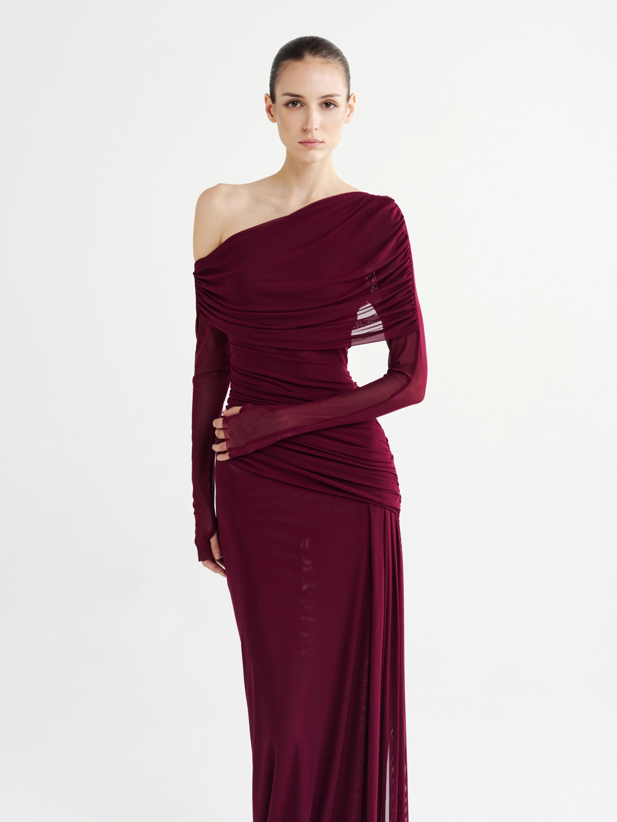 Burgundy Ruched Off-Shoulder Mesh Dress, close-up of the ruching and sheer sleeves
