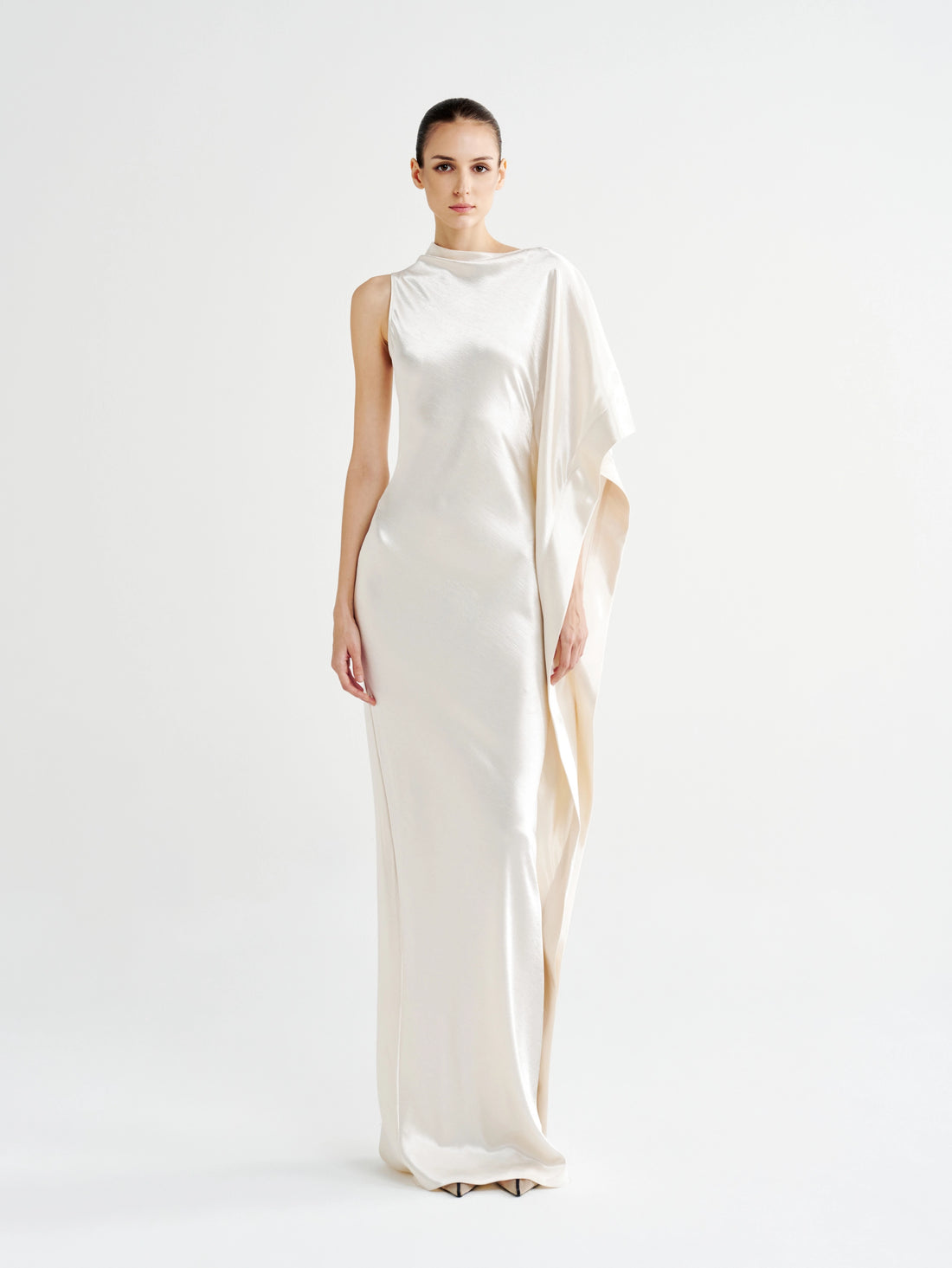 Ivory Asymmetric Satin Cape-Sleeve Maxi Dress, front view of the high neck and waterfall cape sleeve