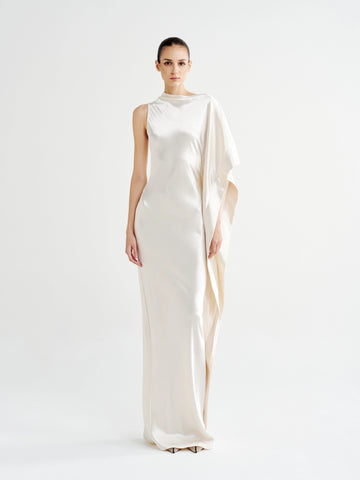 Ivory Asymmetric Satin Cape-Sleeve Maxi Dress, front view of the high neck and waterfall cape sleeve