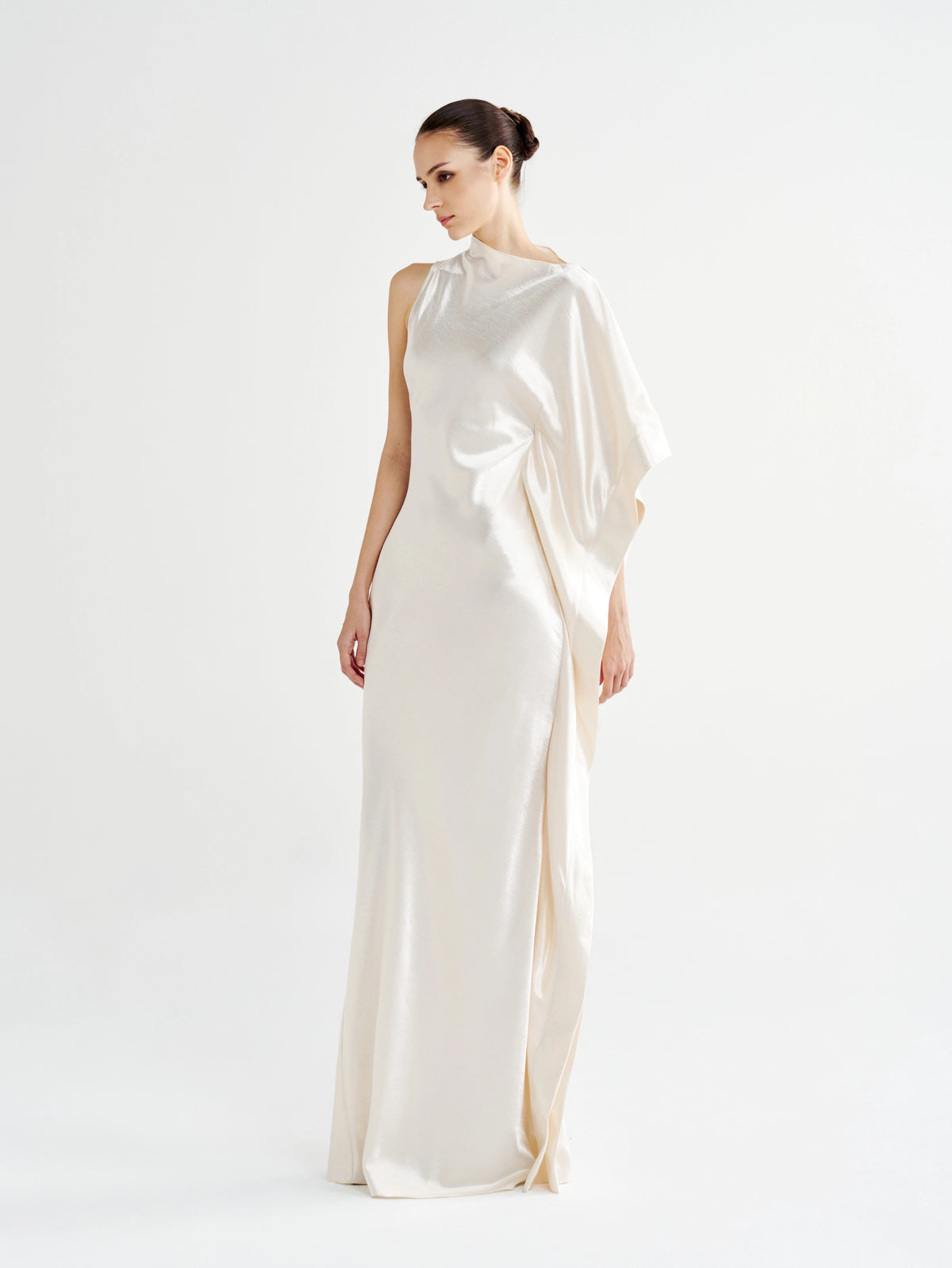 Ivory Asymmetric Satin Cape-Sleeve Maxi Dress, three-quarter view
