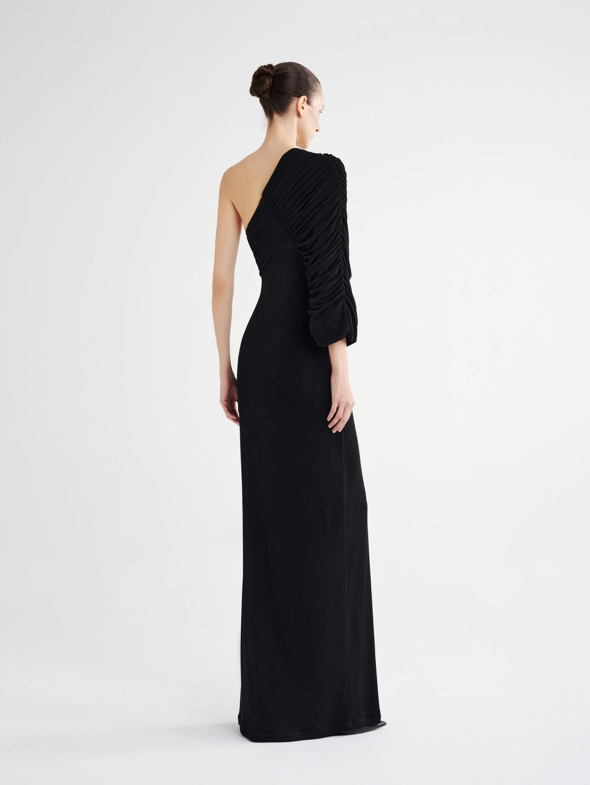 Black Pleated Single-Sleeve Column Dress, back view