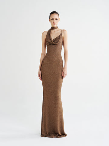 Bronze Metallic Halter-Neck Cowl Gown, front view of the cowl neckline