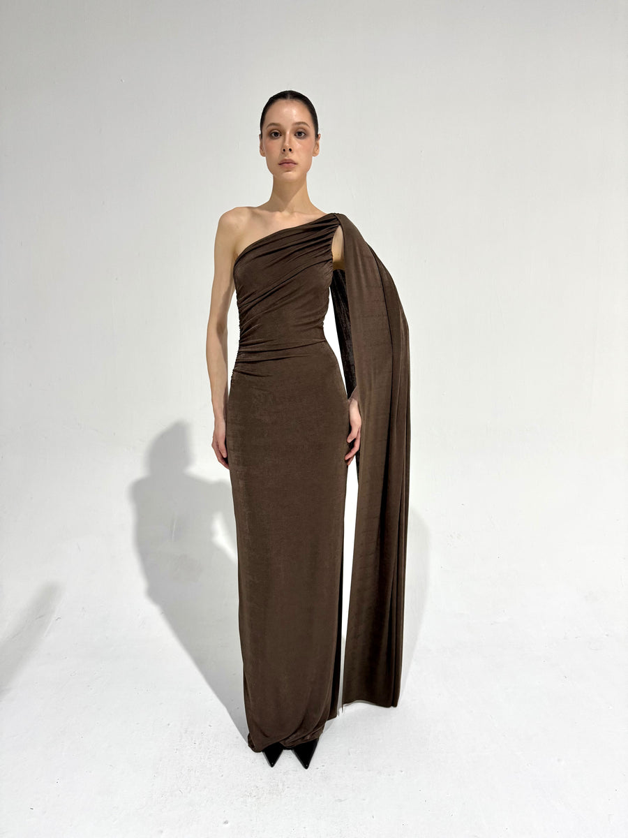 Black one-shoulder formal dress for a black tie wedding