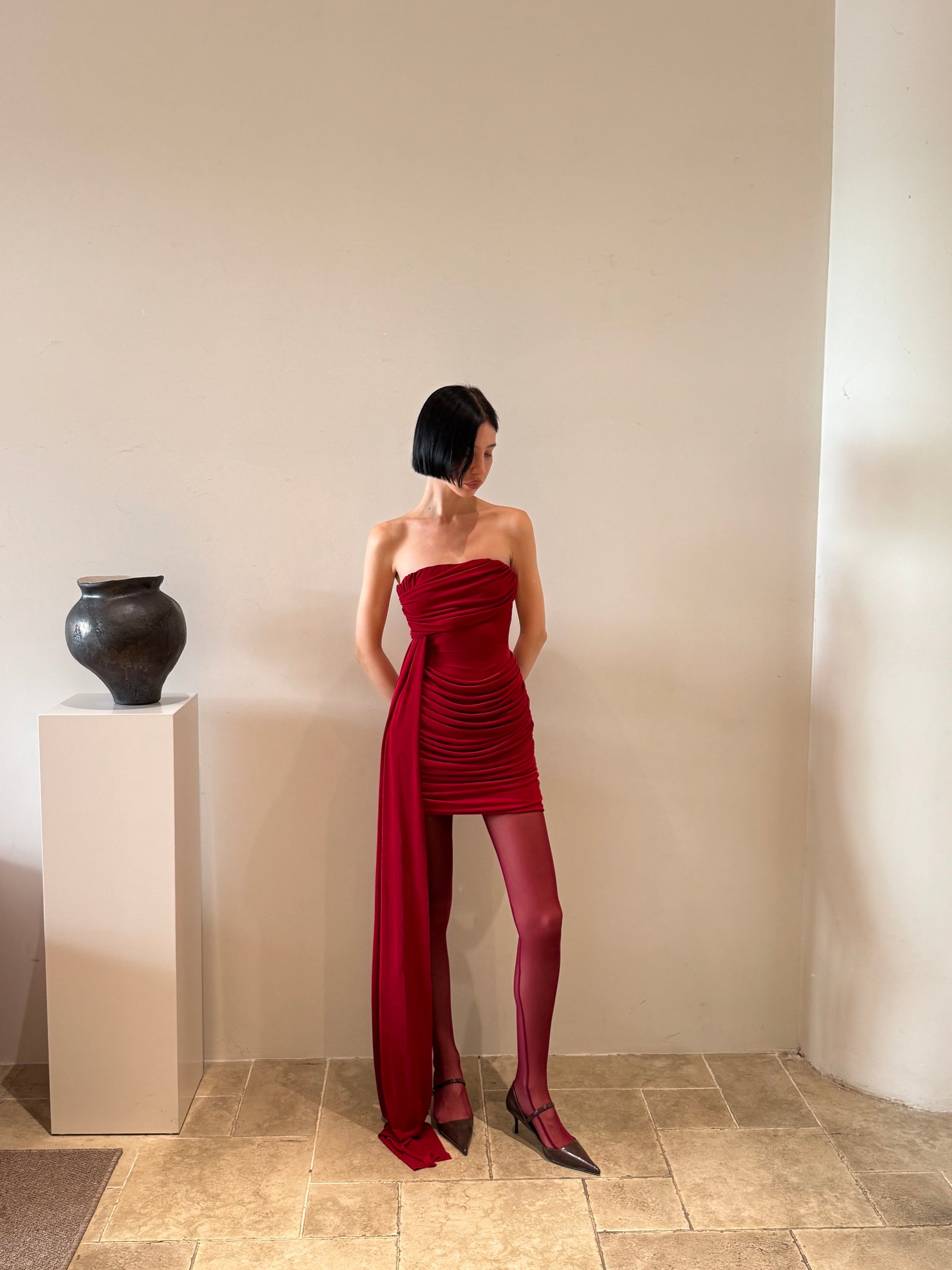 Crimson Drape Mini Dress