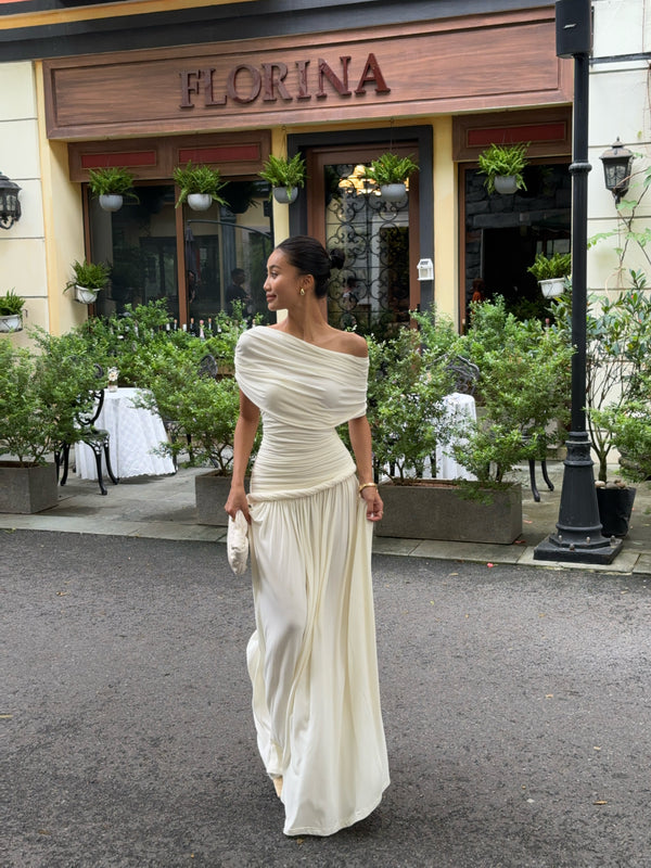 Ivory Off-Shoulder Draped Maxi Dress - Elegant Women's Style COCOSIN.OFFICIAL Ivory Off-Shoulder Draped Maxi Dress - Elegant Women's Style COCOSIN.OFFICIAL
