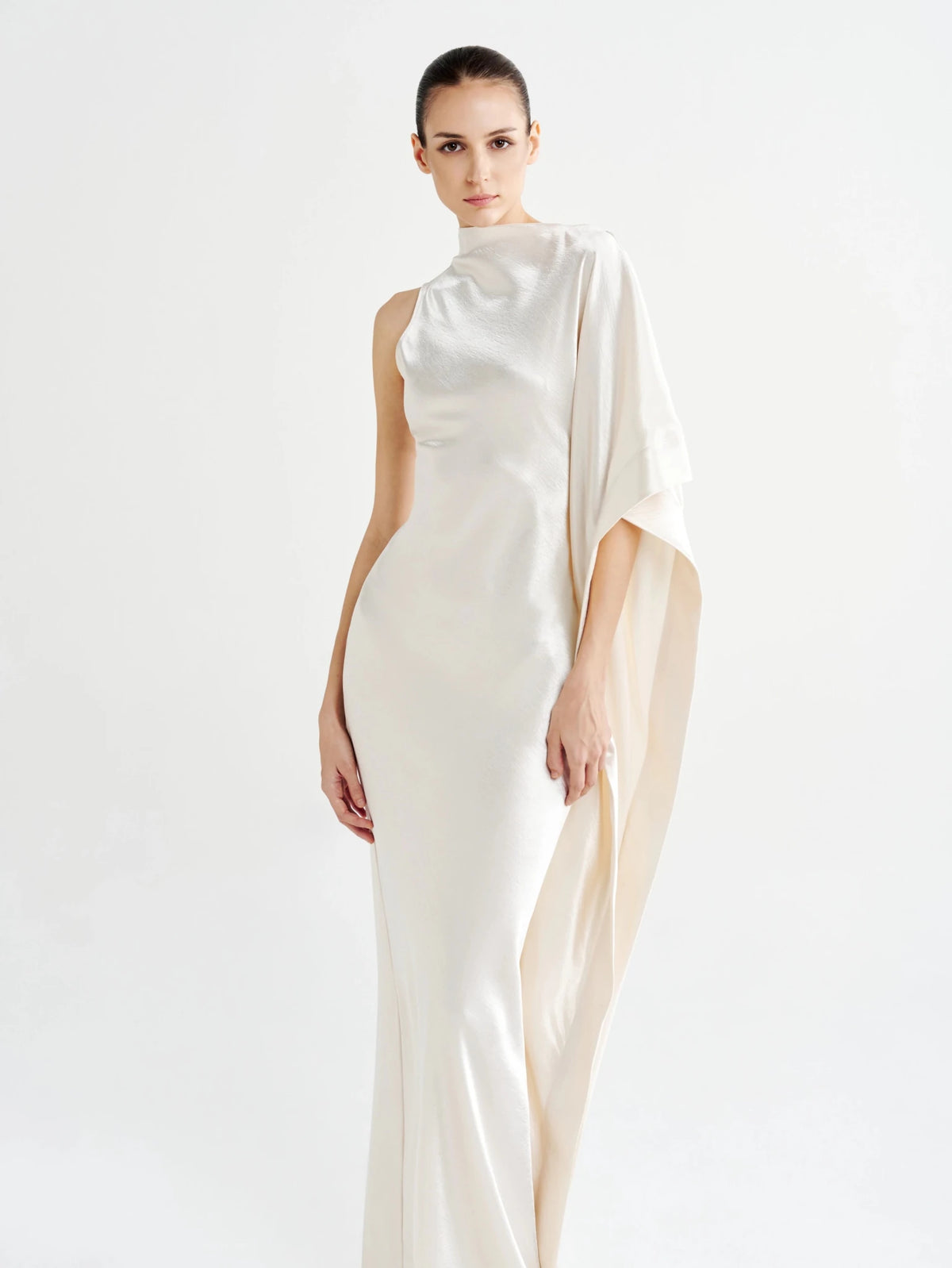 Asymmetric Satin Cape-Sleeve Maxi Dress - COCOSIN.OFFICIAL