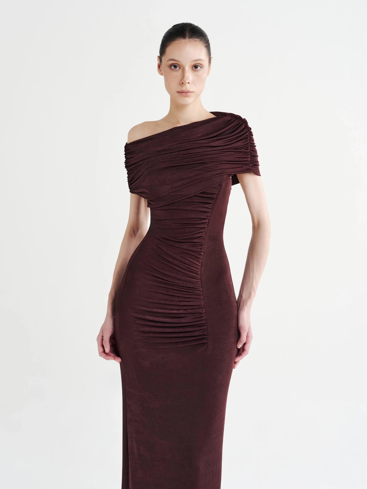 Contour Ruched Off-Shoulder Column Dress - COCOSIN.OFFICIAL