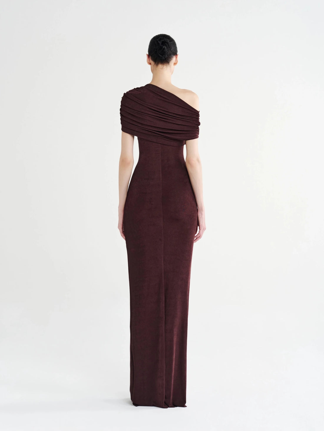 Brown Contour Ruched Off-Shoulder Column Dress, front view
