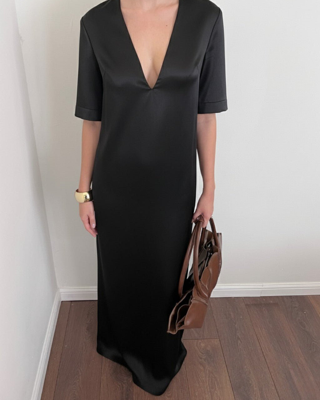 Deep V - Neck Satin Maxi Dress - COCOSIN.OFFICIAL