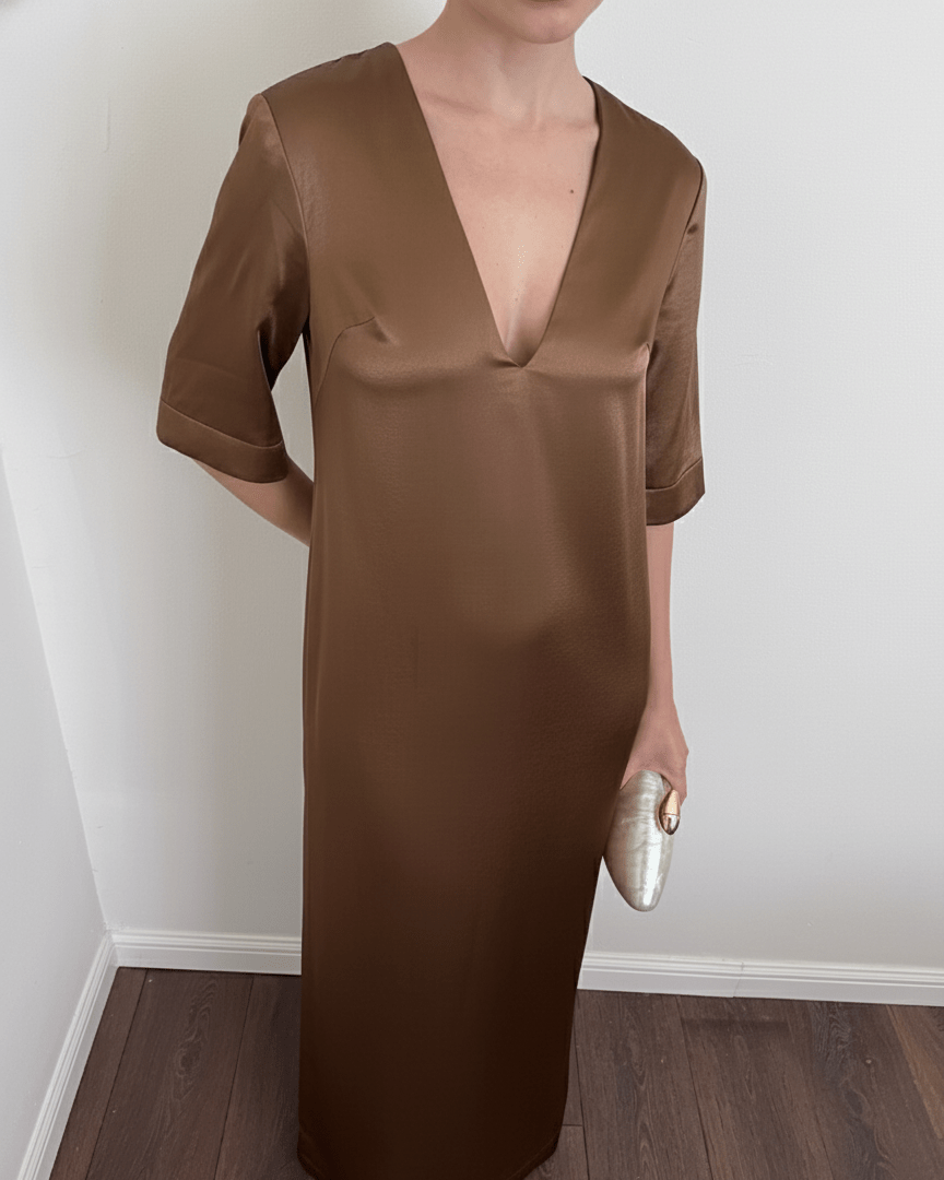 cos brown maxi dress Elegant Deep V-Neck Satin Maxi Dress for Modern Women – COCOSIN.OFFICIAL