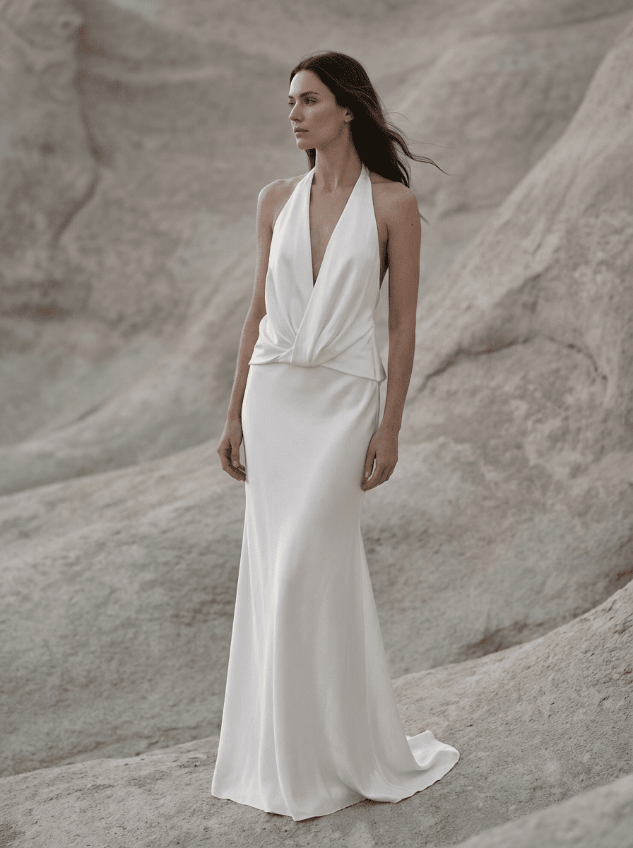 Draped Backless Satin Gown with Detachable Mesh Drape Draped Backless Satin Gown with Detachable Mesh Drape