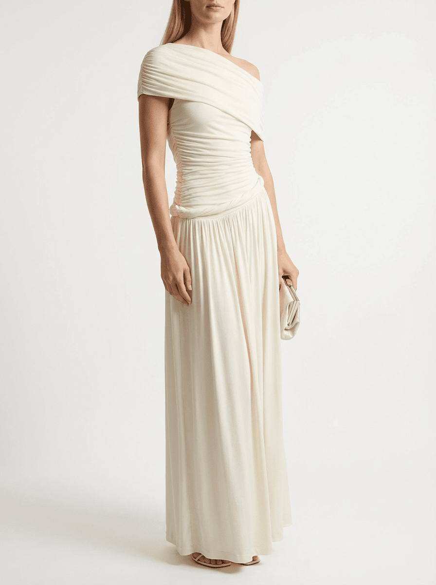 Ivory Off - Shoulder Draped Maxi Dress - COCOSIN.OFFICIAL