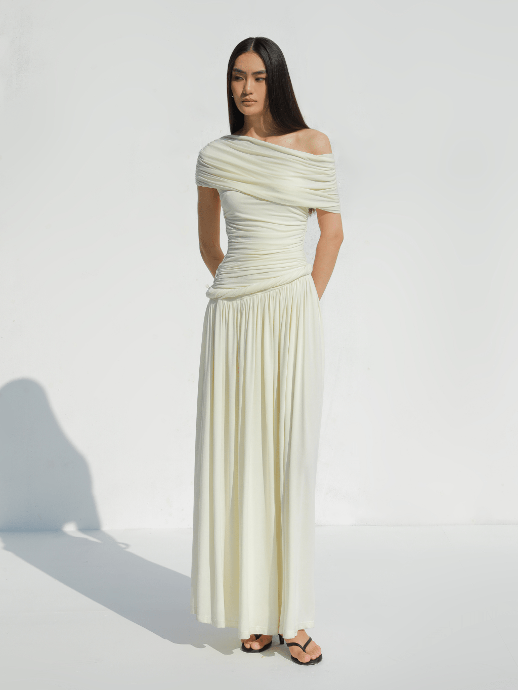 Ivory Off - Shoulder Draped Maxi Dress - COCOSIN.OFFICIAL