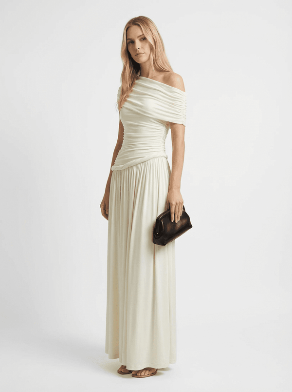 Ivory Off - Shoulder Draped Maxi Dress - COCOSIN.OFFICIAL