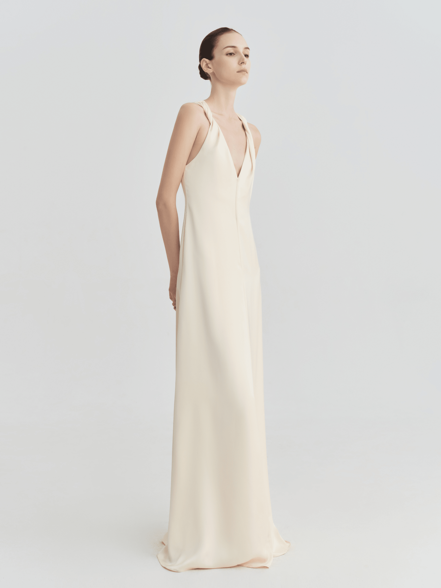 Ivory Twist - Strap Deep V Satin Maxi Dress - COCOSIN.OFFICIAL