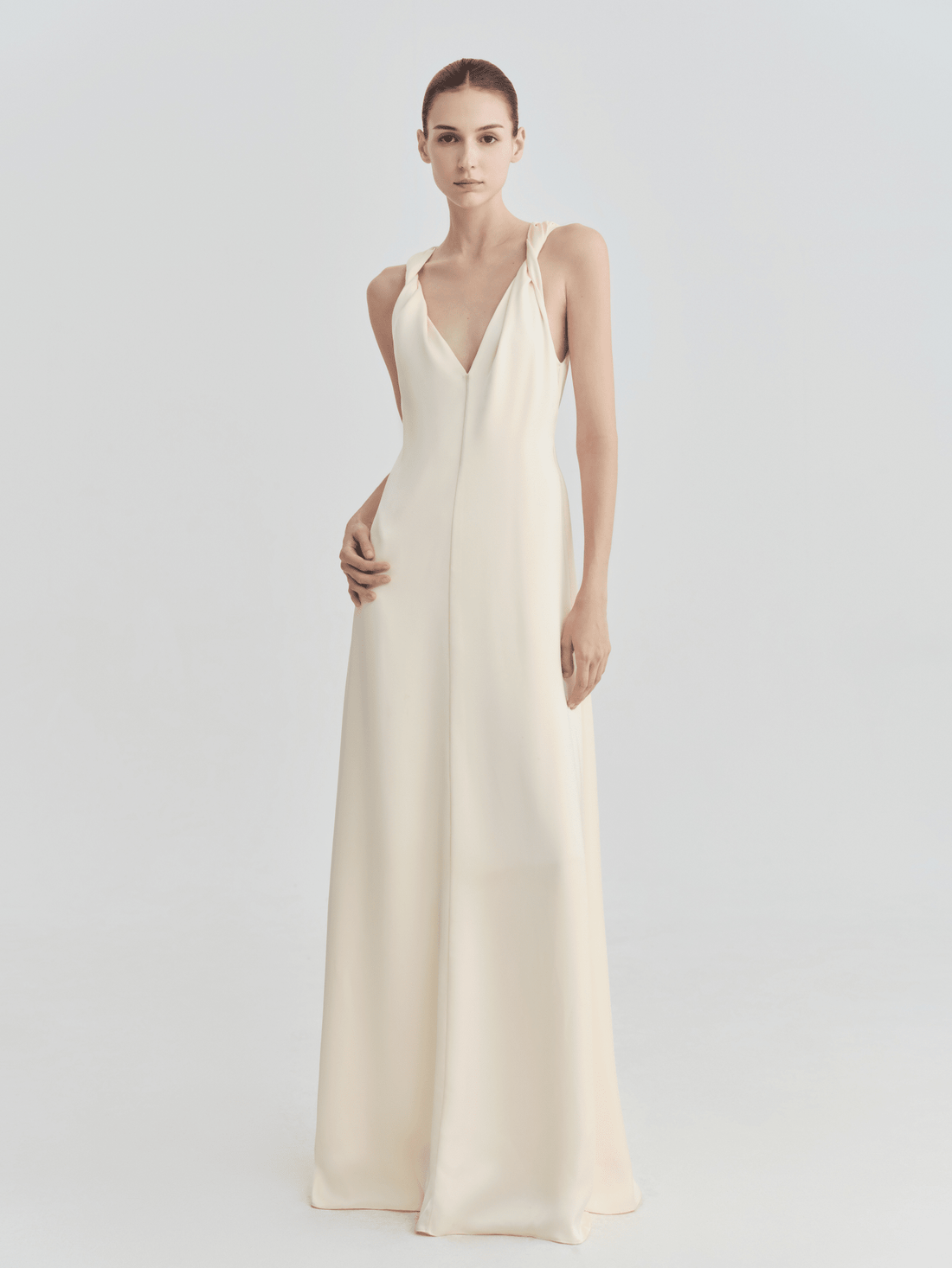 Ivory Twist - Strap Deep V Satin Maxi Dress - COCOSIN.OFFICIAL