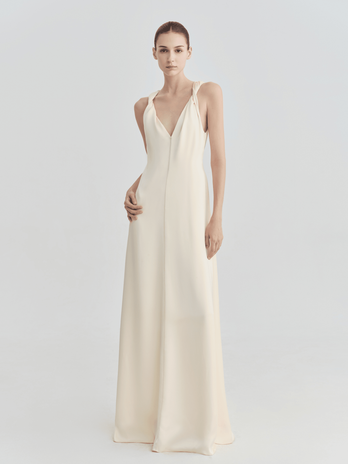 Ivory Twist - Strap Deep V Satin Maxi Dress - COCOSIN.OFFICIAL