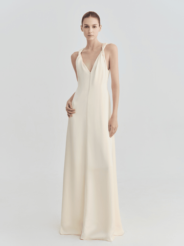 Ivory Twist - Strap Deep V Satin Maxi Dress - COCOSIN.OFFICIAL