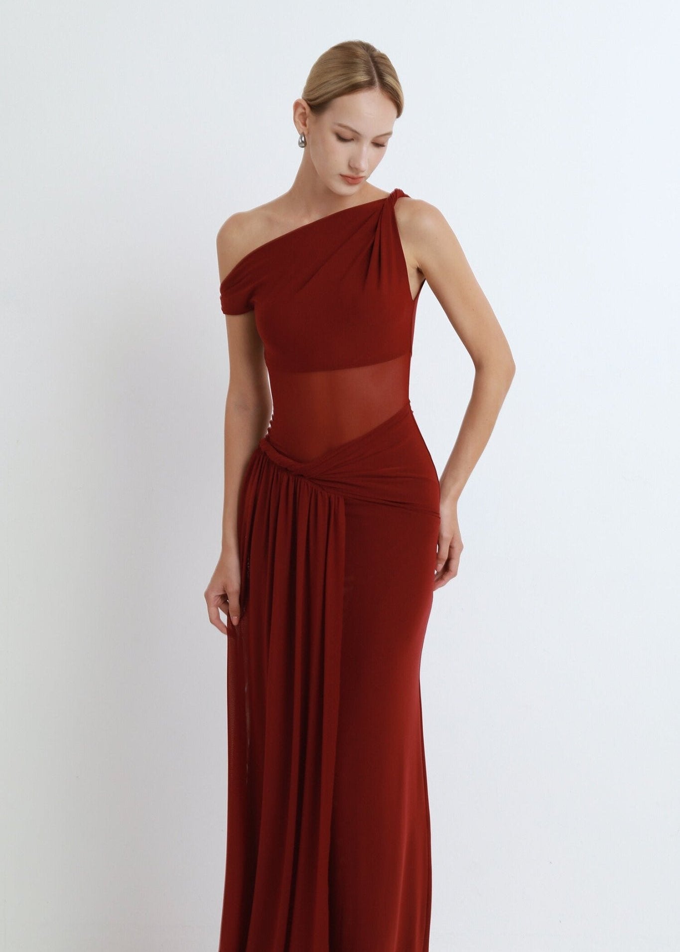 Mesh One - Shoulder Draped Gown - COCOSIN.OFFICIAL
