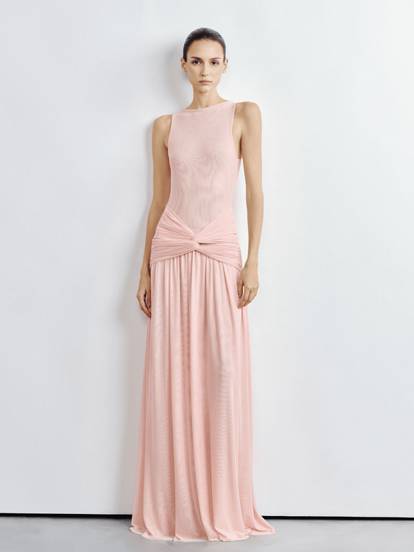 Model in the pink Mesh Twist Waist Maxi Dress, a sleeveless AirMesh™ wedding guest maxi with a twisted waist