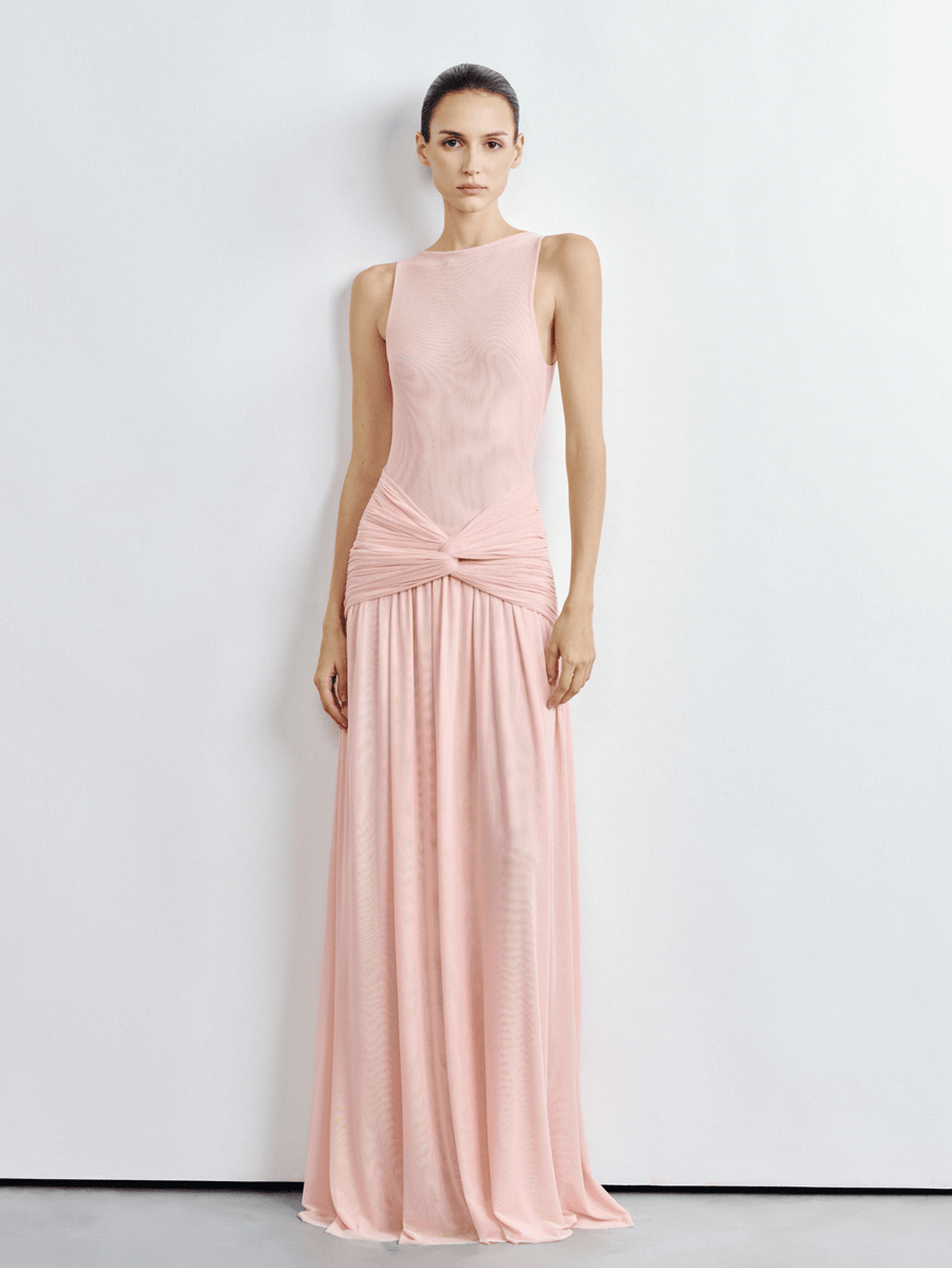 Model in the pink Mesh Twist Waist Maxi Dress, a sleeveless AirMesh™ wedding guest maxi with a twisted waist