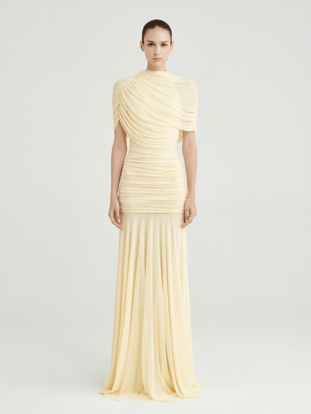 One-Shoulder Ruched Gown with a single shoulder line, a black tie optional wedding guest dress