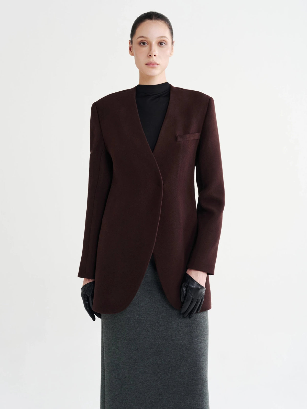 Oversized Collarless Curved-Hem Blazer - COCOSIN.OFFICIAL