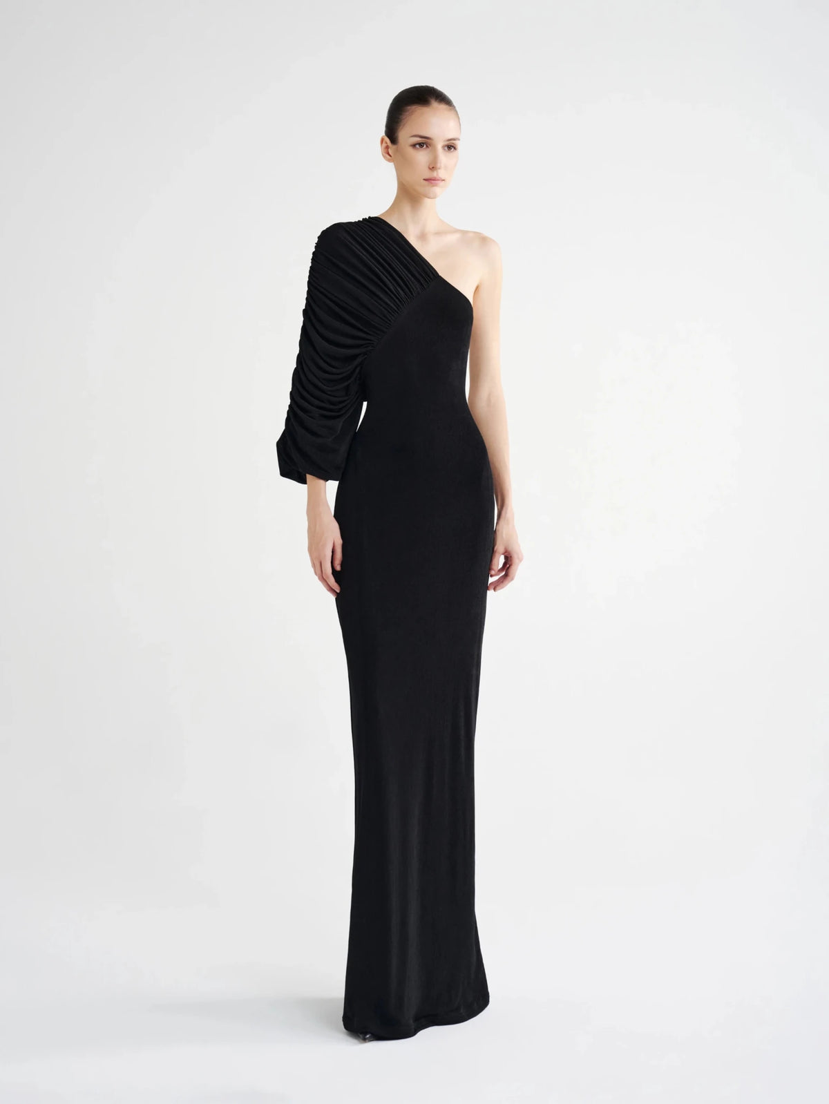 Black Pleated Single-Sleeve Column Dress, three-quarter view