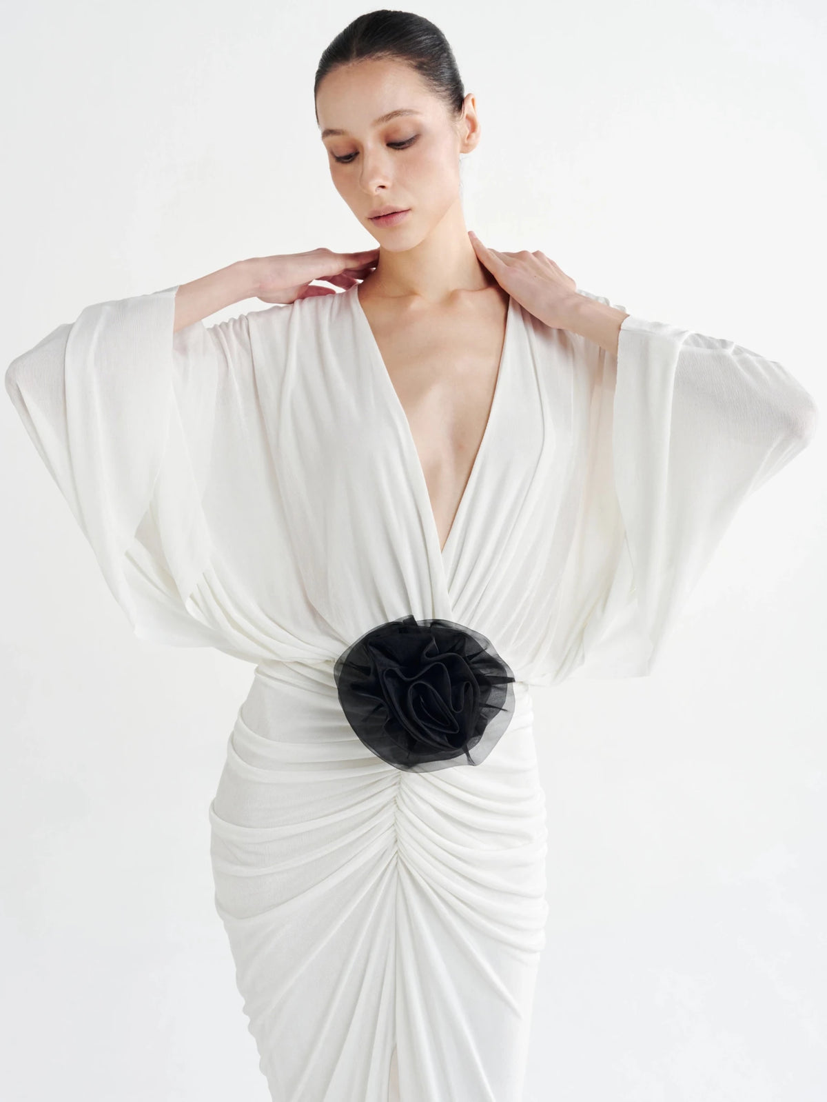Rosette Plunging Batwing Ruched Dress - COCOSIN.OFFICIAL