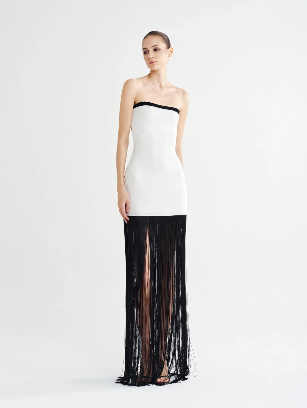 Strapless Black & White Fringe Gown - COCOSIN.OFFICIAL