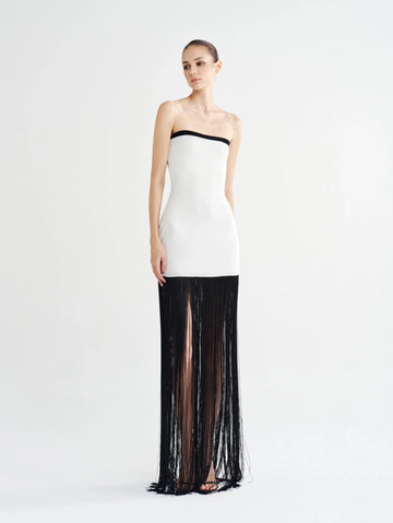 Strapless Black & White Fringe Gown - COCOSIN.OFFICIAL
