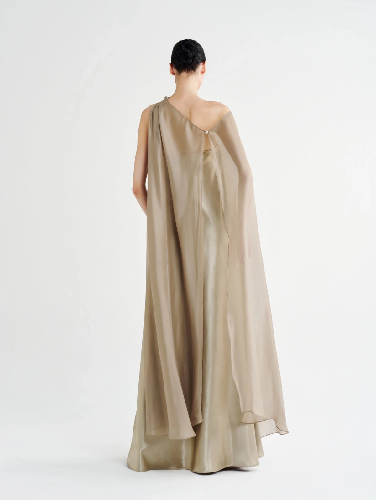 Strapless Satin Maxi Dress with Sheer Cape Overlay - COCOSIN.OFFICIAL