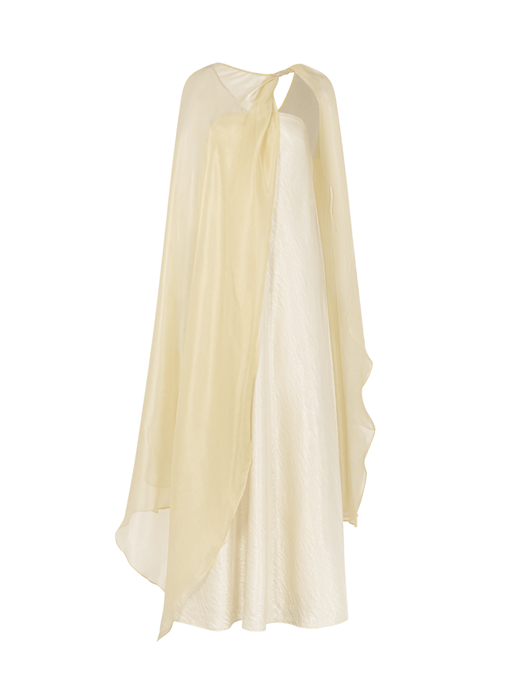 Strapless Satin Maxi Dress with Sheer Cape Overlay - COCOSIN.OFFICIAL