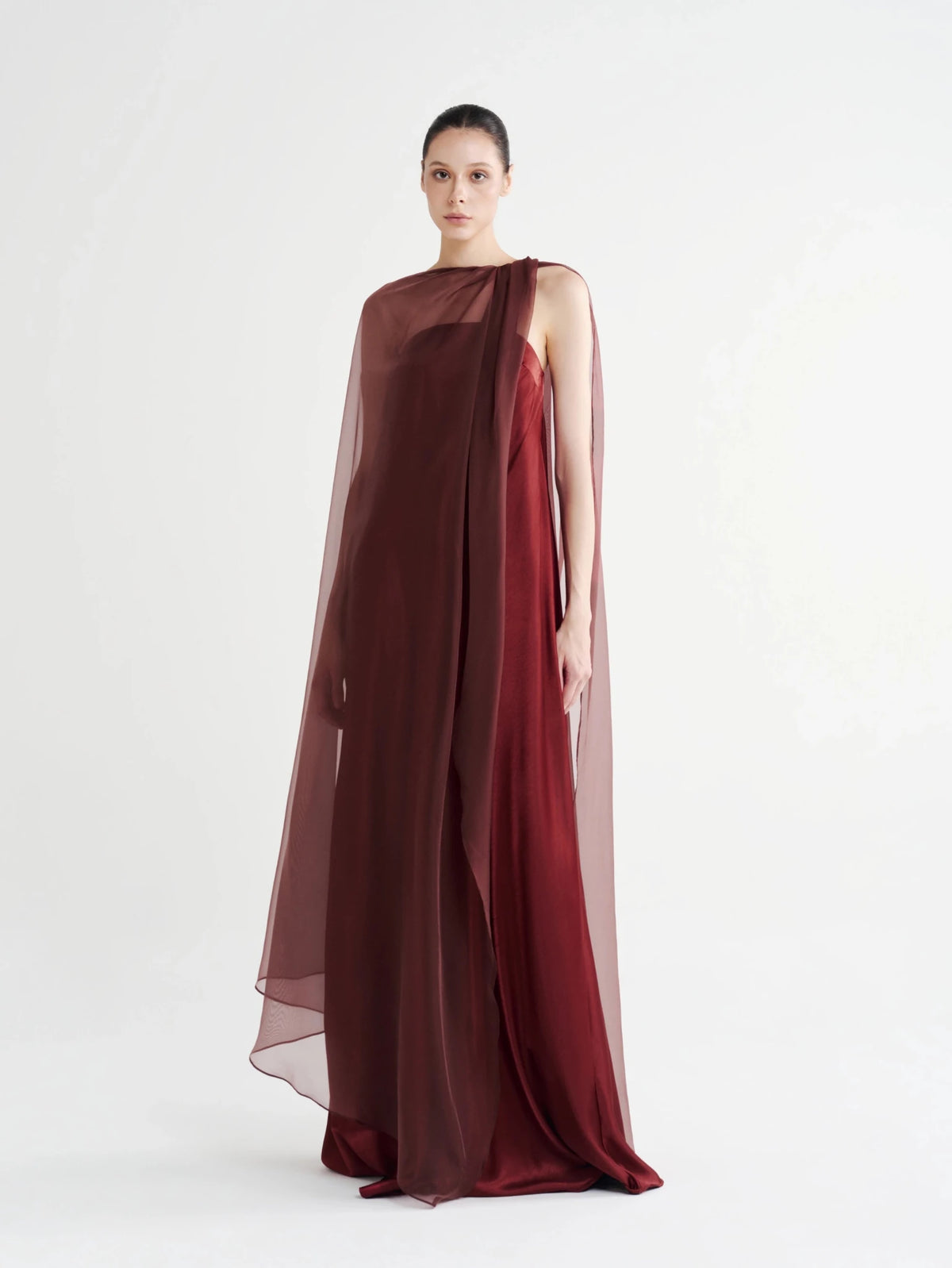 Strapless Satin Maxi Dress with Sheer Cape Overlay - COCOSIN.OFFICIAL