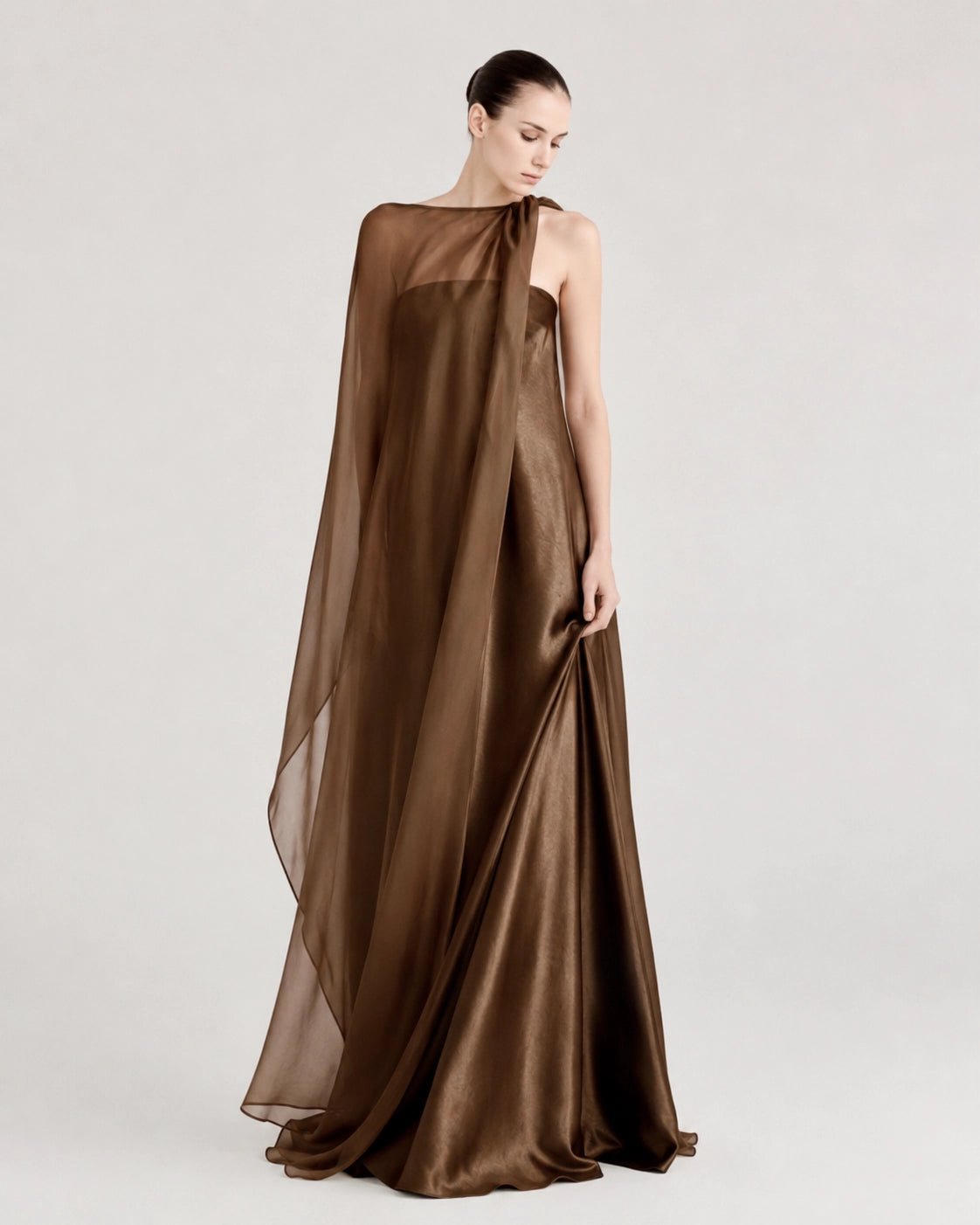 Strapless Satin Maxi Dress with Sheer Cape Overlay