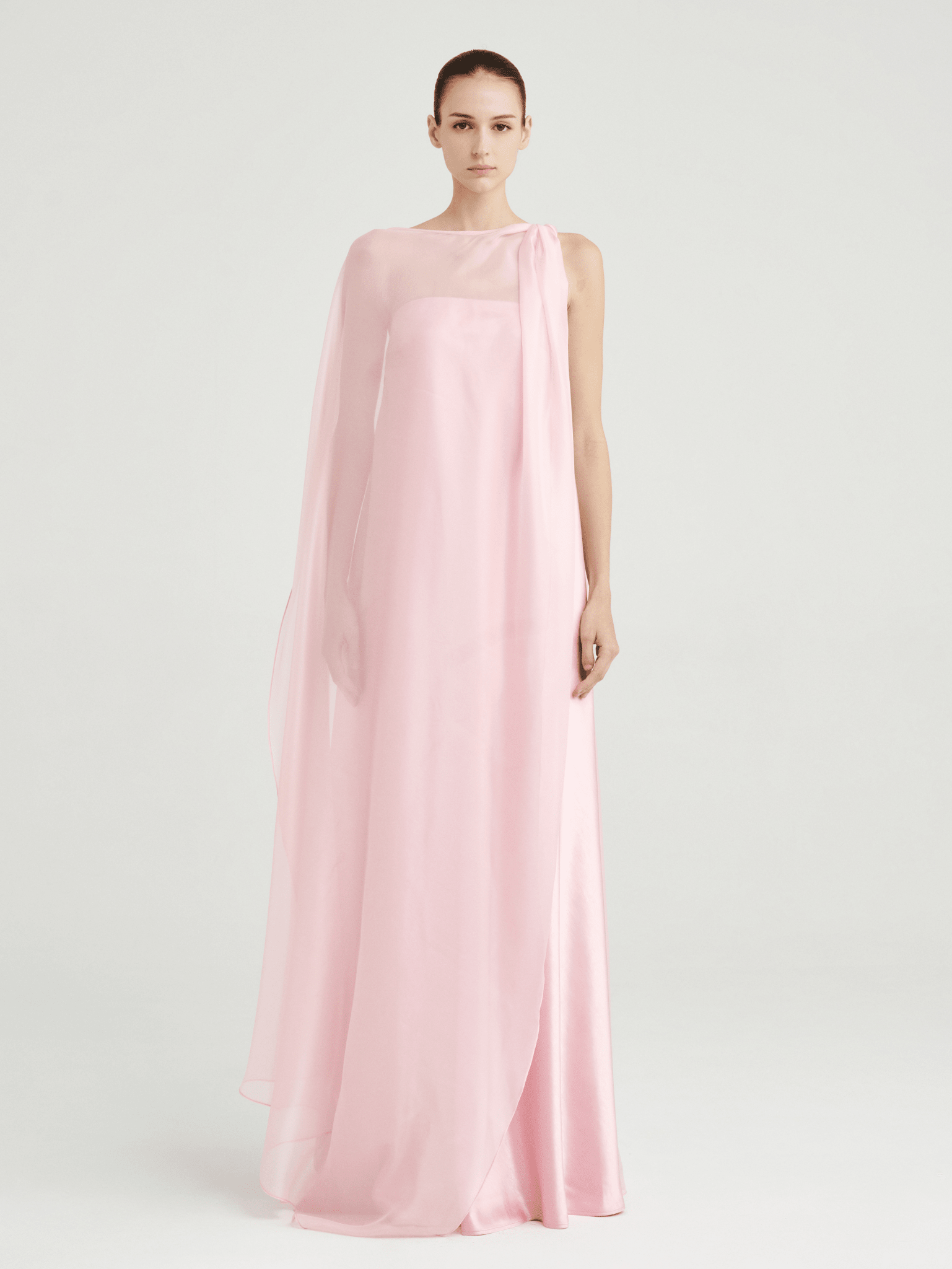 Strapless Satin Maxi Dress with Sheer Cape Overlay - COCOSIN.OFFICIAL