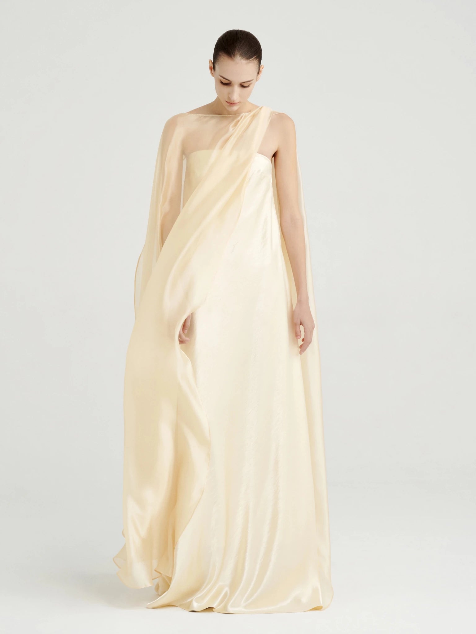 Strapless Satin Maxi Dress with Sheer Cape Overlay - COCOSIN.OFFICIAL