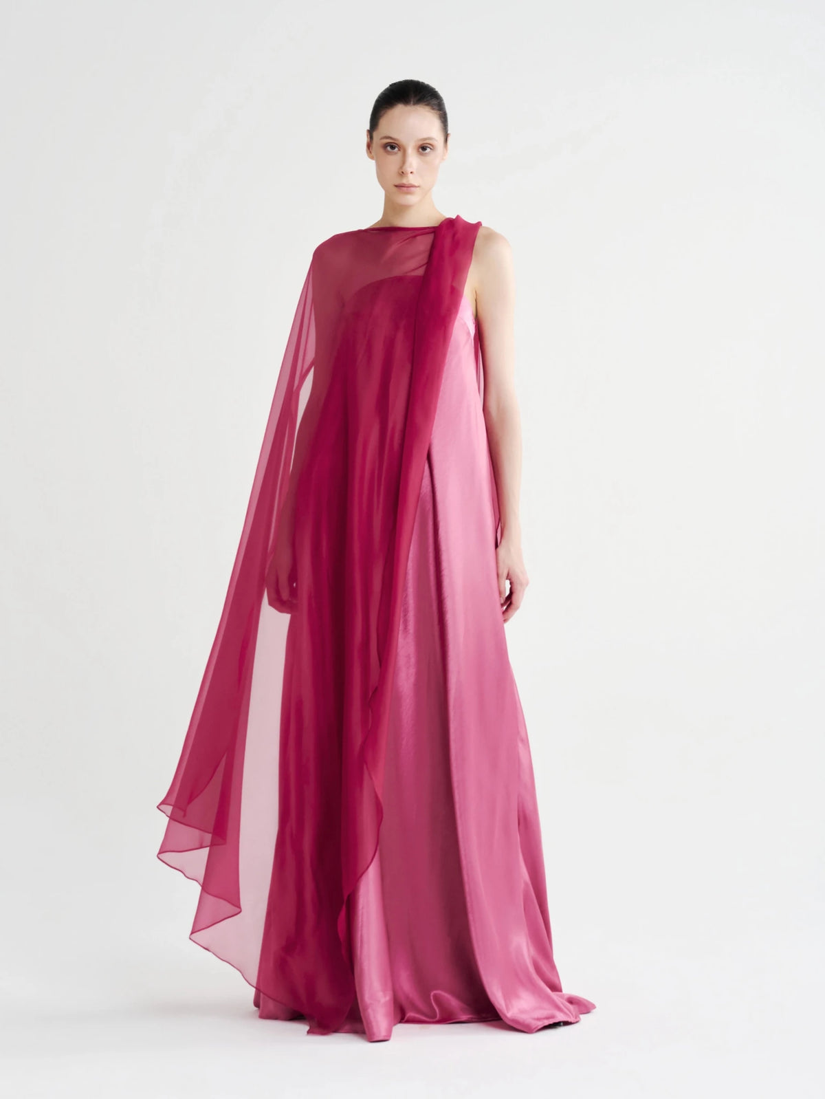 Strapless Satin Maxi Dress with Sheer Cape Overlay - COCOSIN.OFFICIAL