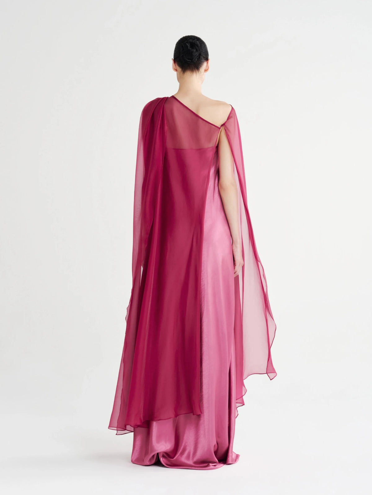 Strapless Satin Maxi Dress with Sheer Cape Overlay - COCOSIN.OFFICIAL