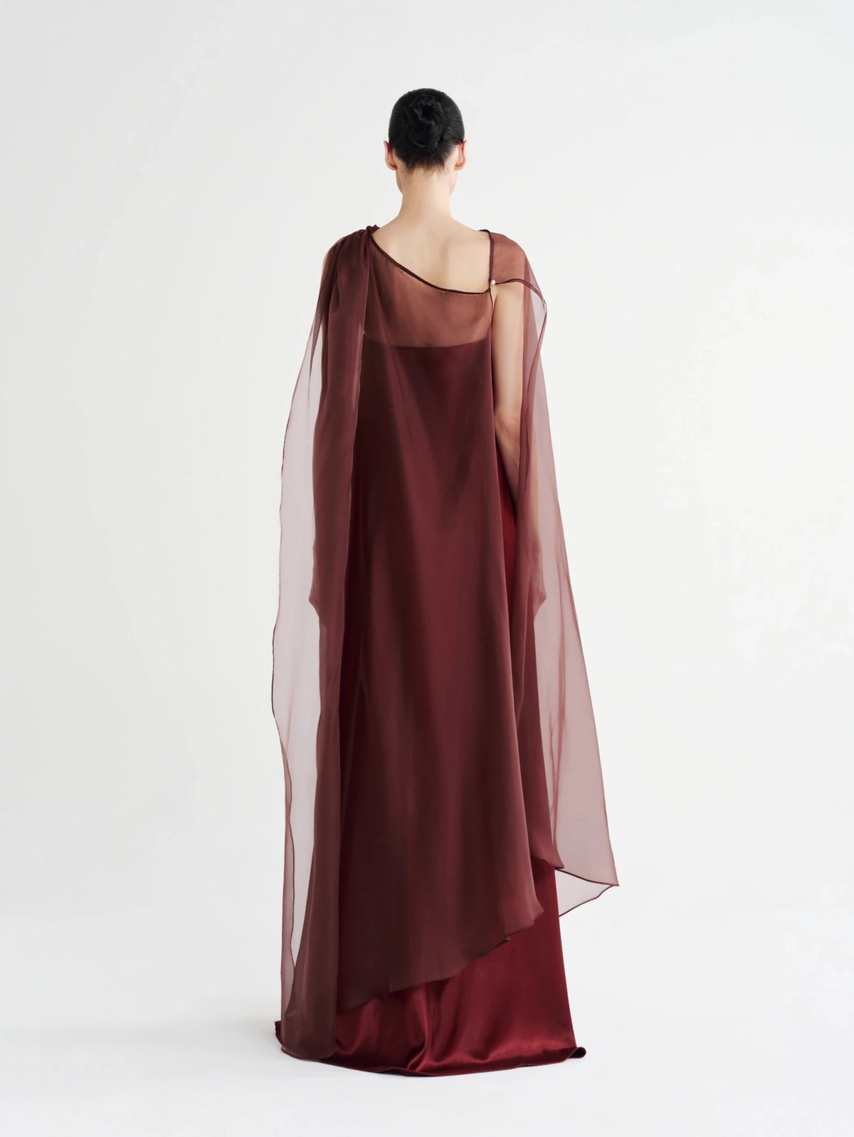 Strapless Satin Maxi Dress with Sheer Cape Overlay - COCOSIN.OFFICIAL