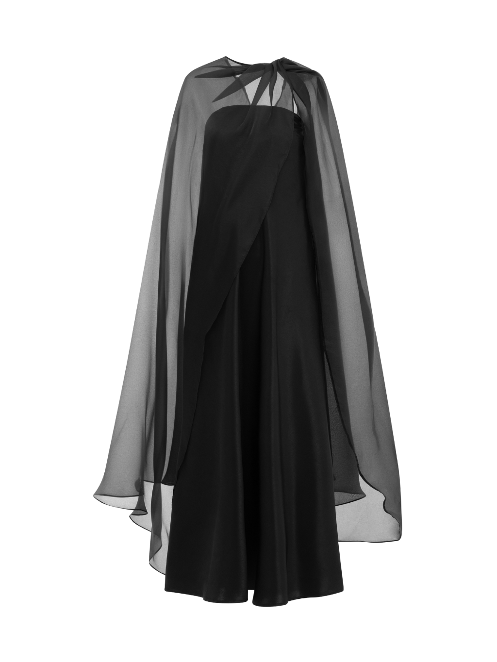 Strapless Satin Maxi Dress with Sheer Cape Overlay - COCOSIN.OFFICIAL