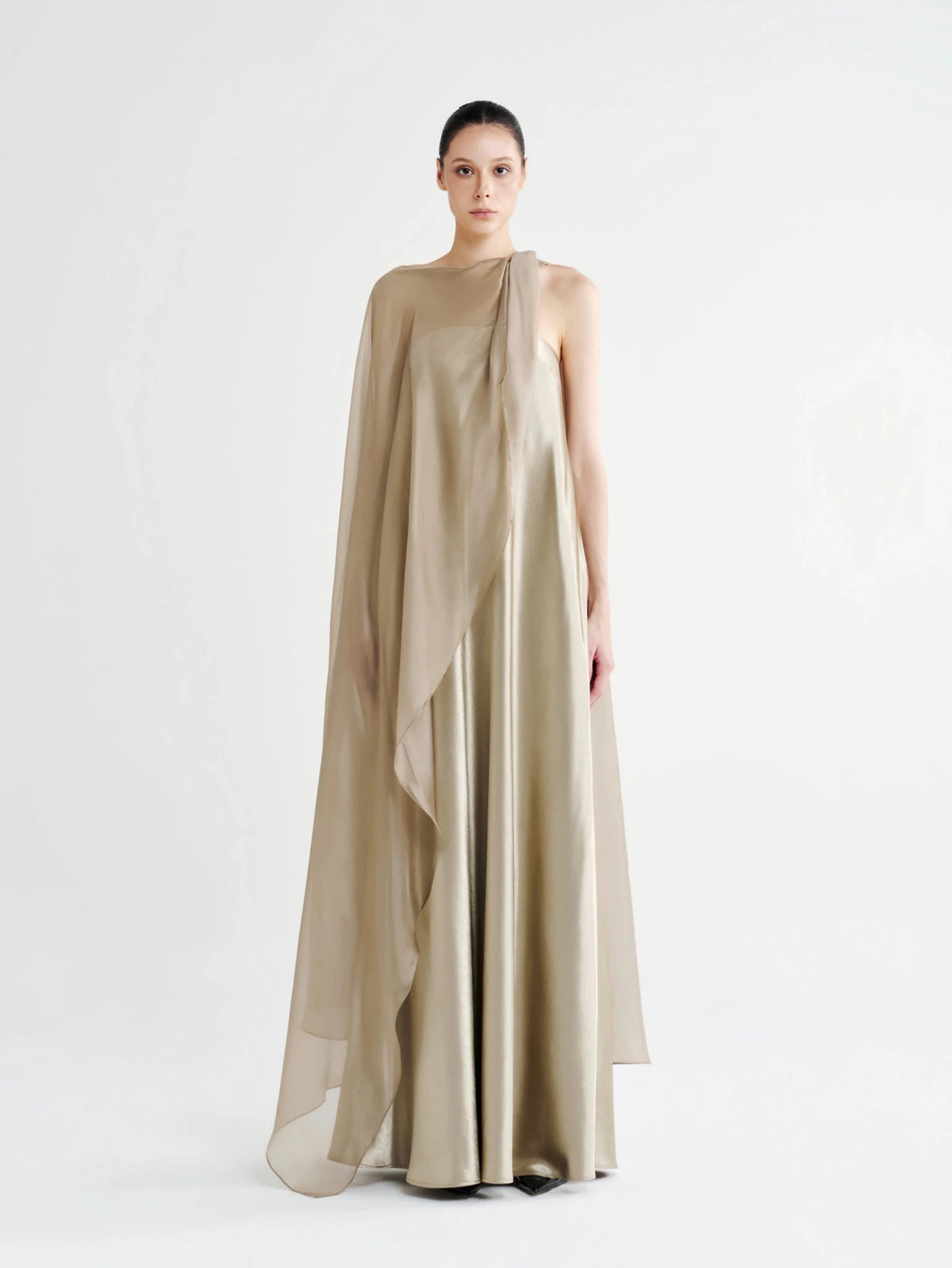 Strapless Satin Maxi Dress with Sheer Cape Overlay - COCOSIN.OFFICIAL