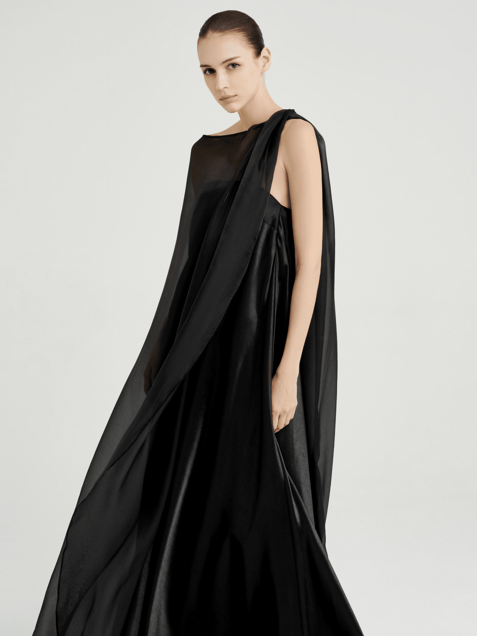 Strapless Satin Maxi Dress with Sheer Cape Overlay - COCOSIN.OFFICIAL